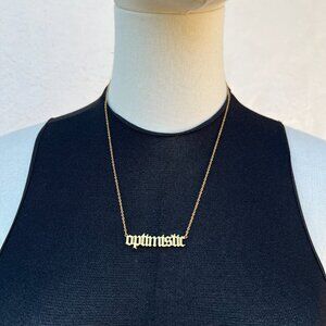 "Optimistic" Name Plate Necklace Old English Letters 18" Adjustable Gold-Plated